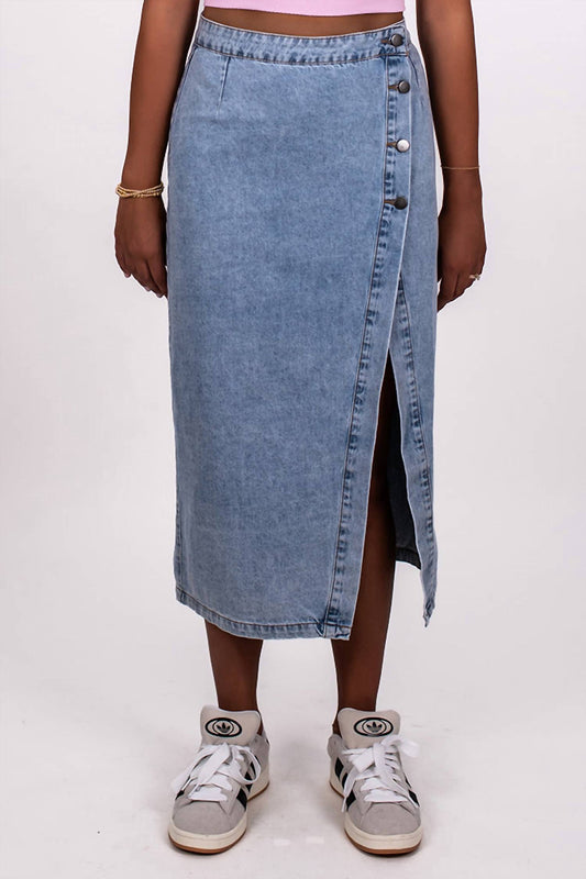 Mable - Crossover Waist Denim Midi Skirt
