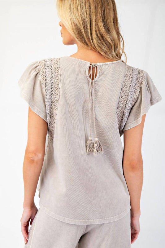 Easel - Washed Wing Sleeve Crochet Trim Top