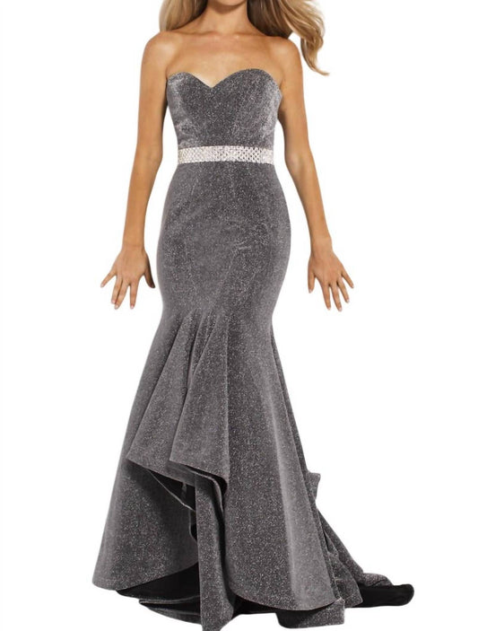 Jovani - Embellished Belt Strapless Mermaid Glitter Dress