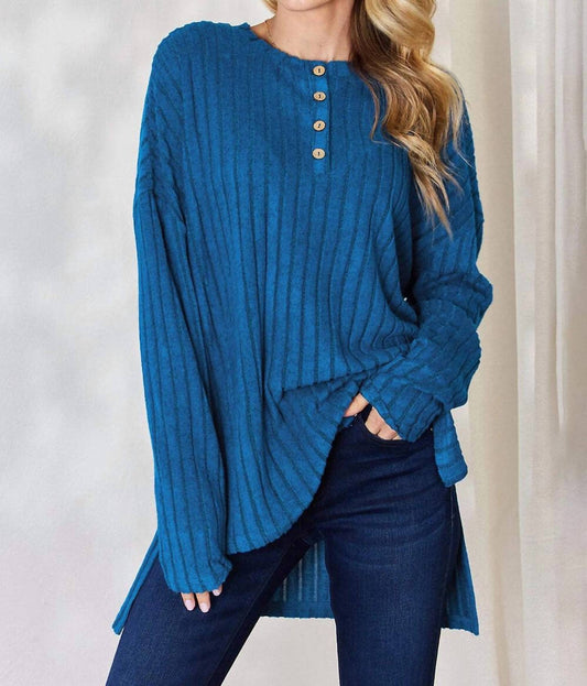 Basic Bae - Ribbed Half Button Long Sleeves - blue - clothing - shirts