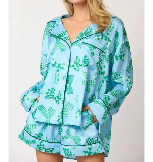 Peach Love - Satin Bow Print Long Sleeve Pajama Set