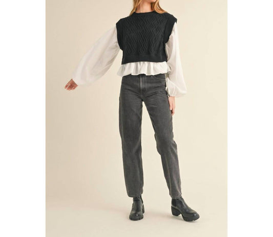 Mable - Cable Knit Two Tone Sweater Blouse