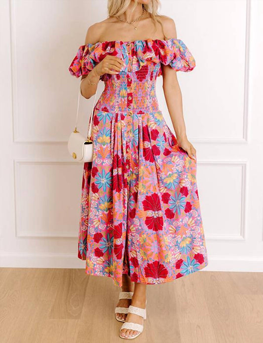 Olivaceous - Elora Fiesta Bloom Smocked Midi Dress