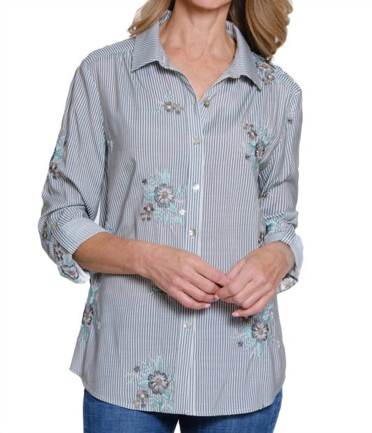 Multiples - Roll Tab Button Front Hi/lo Shirt With Embroidery