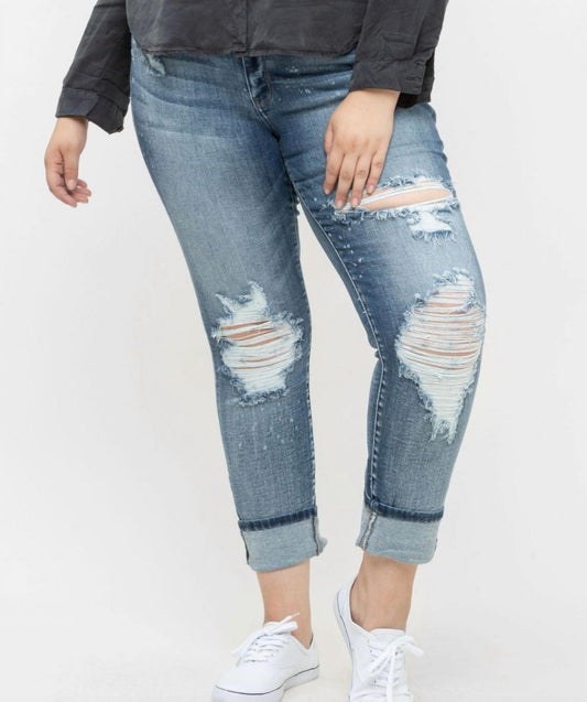 Judy Blue - Destroyed Bleach Splatter Boyfriend Jeans - Plus Size