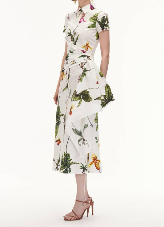 Oscar De La Renta - Cap Sleeve Orchids Poplin Dress
