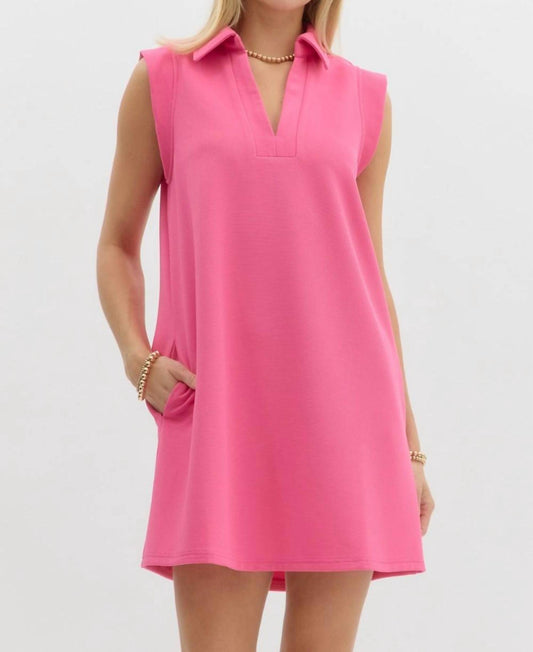 Entro - Textured Solid V Neck Dress