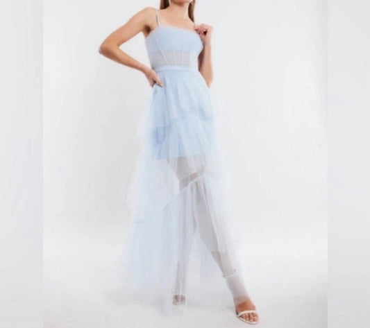 Bcbgmaxazria - Sheer Tiered Ruffle Gown - blue - clothing - dresses
