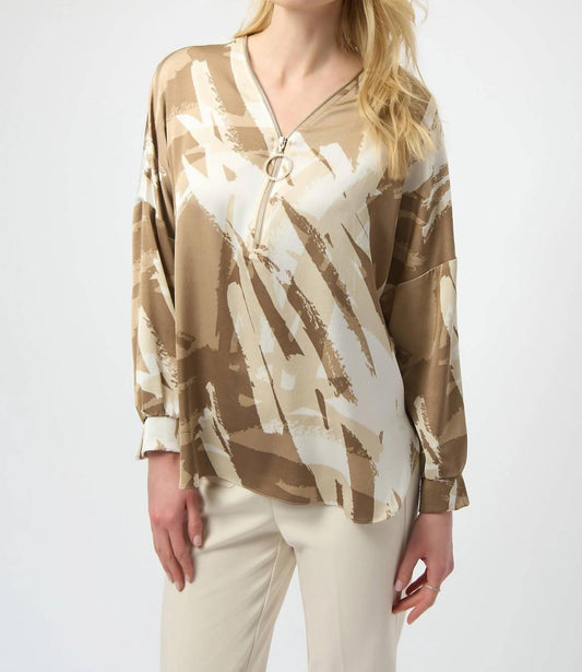 Joseph Ribkoff - Abstract Zip V-neck Satin Top