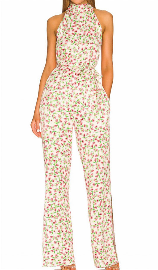 Something Navy - Silky Floral Halter Jumpsuit