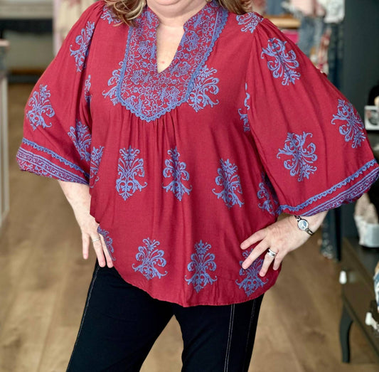 Easel - Boho Printed Rayon Challis Blouse - Plus
