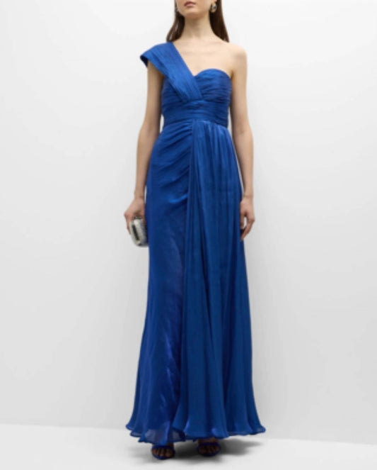 Badgley Mischka - DRAPED ONE SHOULDER PLEATED CHIFFON GOWN