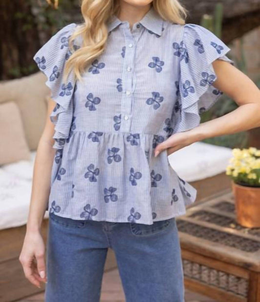 Voy - PEPLUM FLORAL AND STRIPED SHORT RUFFLE SLEEVE TOP