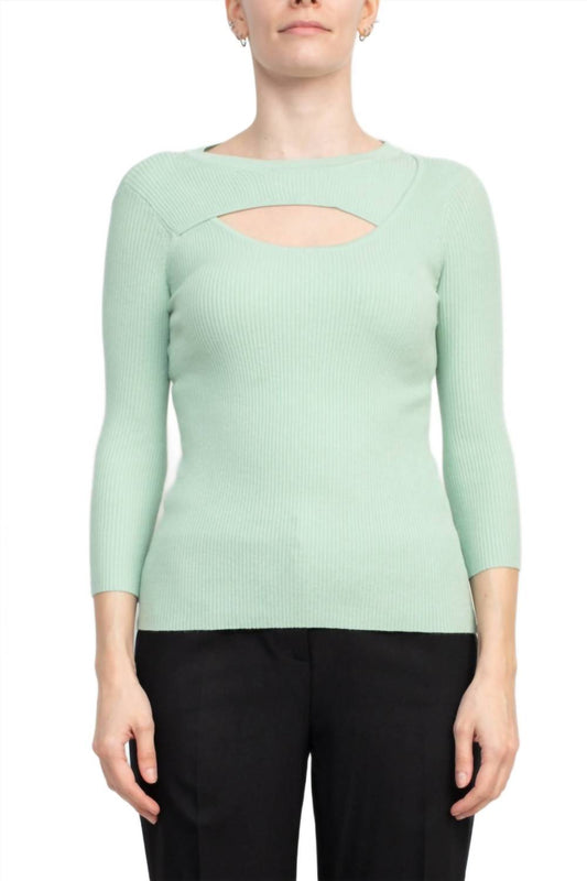 Joan Vass - 3/4 Sleeve Ribbed Pullover Cutout Chest Detail Knit Top