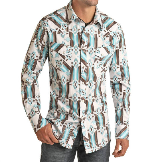 Panhandle - Rock & Roll Denim Aztec Print Long Sleeve Snap Shirt