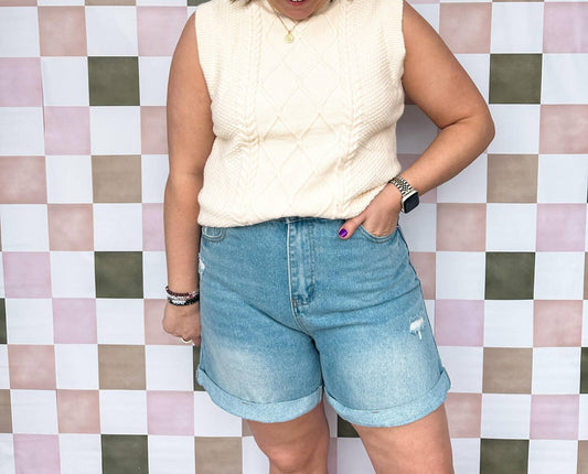 Sweetkama - High Waist Folded Hem Denim Short