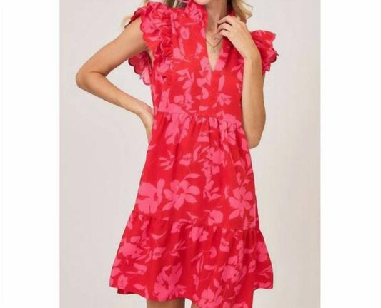 Umgee - Women's Red Mix Floral Ruffle Sleeve Dress