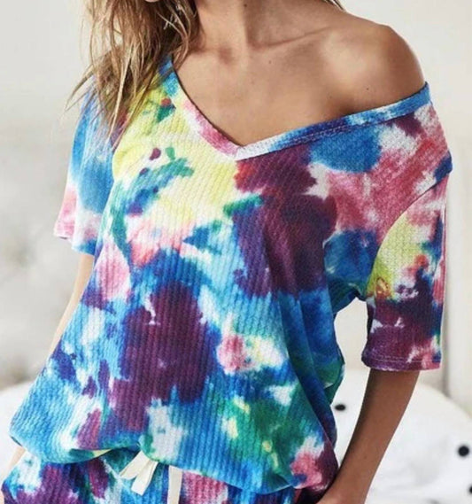 Bibi - Waffle Tie Dye V-neck Top