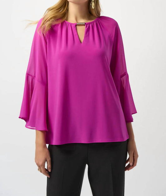 Joseph Ribkoff - Keyhole Neckline 3/4 Sleeves Chiffon Top