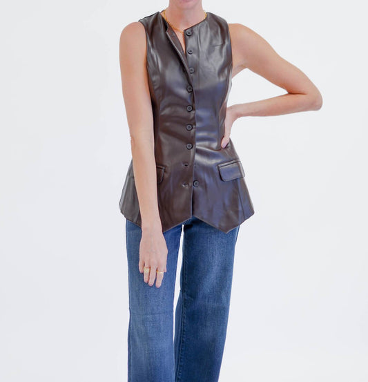 Olivaceous - Sleeveless Faux Leather Button Front Vest