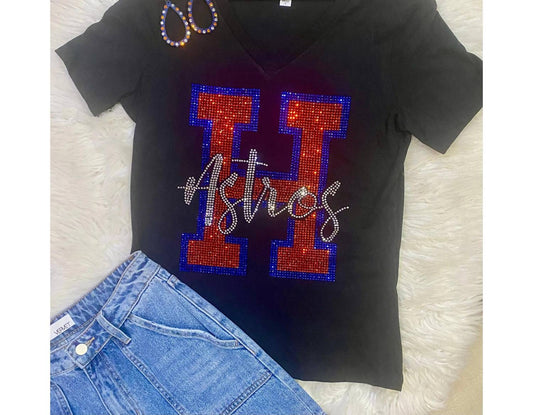 Crystallized By Sparkle - Women's V-neck Astros Rhinestone Tee