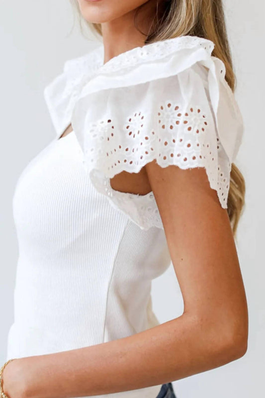Trendsi - Eyelet Ruffle Sleeve Slim Top