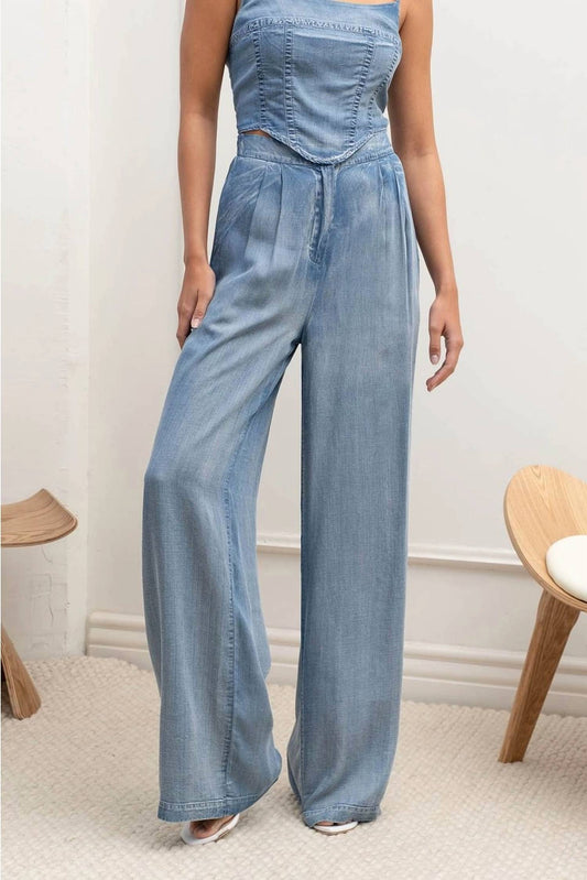 The Workshop - Washed Pleated High Waist Wide Leg Chambray Pants