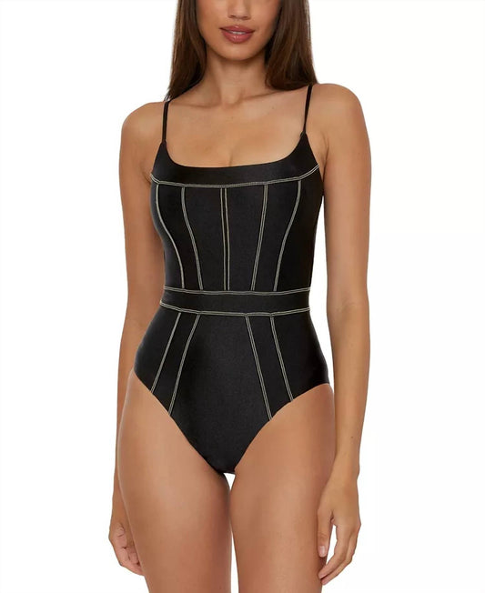 Becca - Color Sheen Corset Seamed One Piece Swimsuit - black - clothing - geometric