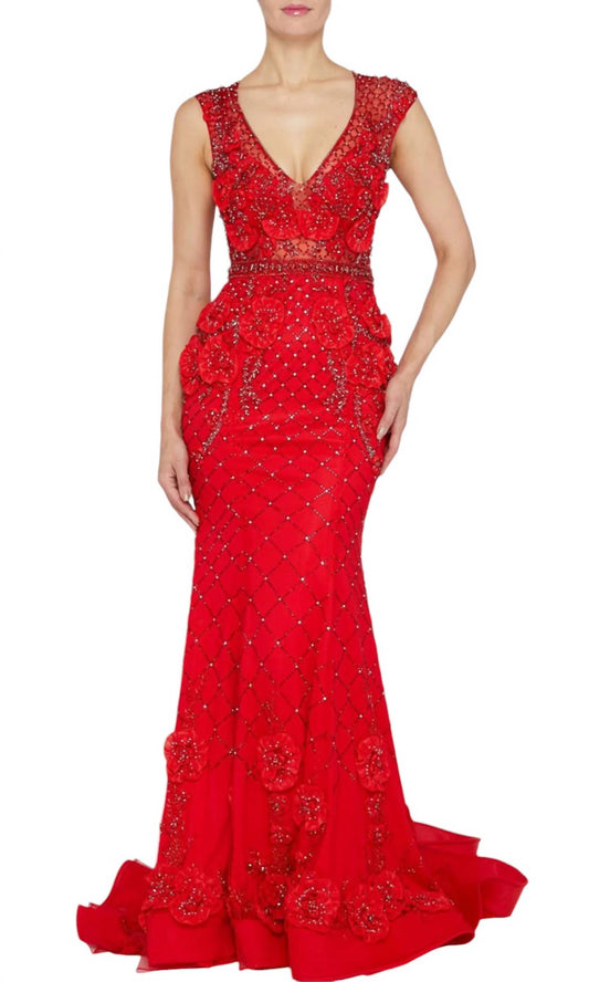 Terani Couture - 3D FLORAL APPLIQUE BEADED EVENING DRESS