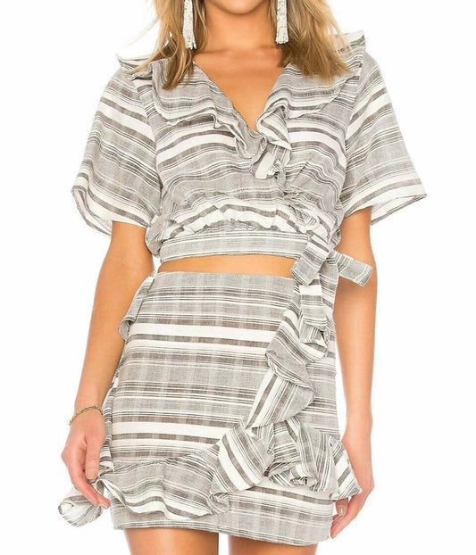 Tularosa - Selma Wrap Striped Ruffle Short Sleeve Crop Top