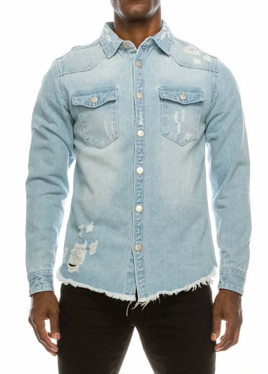 Victorious - Long Sleeve Button Up Distressed Denim Jacket