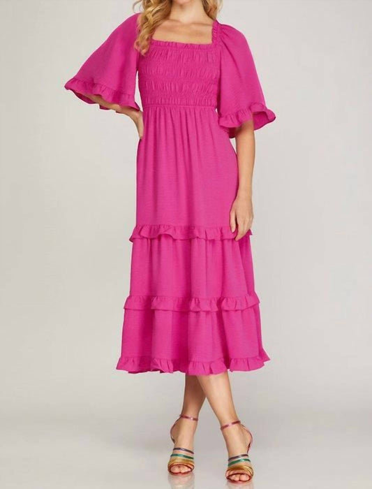 She + Sky - Bell Sleeve Square Neck Smocked Tiered Midi Dress
