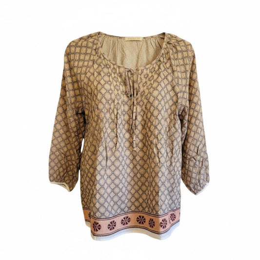 Mystree - Boho Embroidered Border Gathered Sleeves Tunic Top