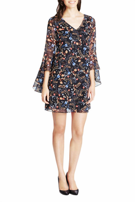 Kensie - Unlined Chiffon Sleeve High Low Cuff Ruffle Detail V-Neck Shift Dress