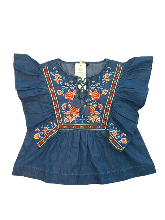 Blu & Blue - Girl's Daisy Embroidered Tassel Top - blouses - blue - clothing