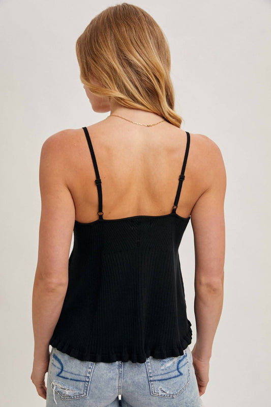 Bluivy - Ruffled Hem Ribbed Cami With Adjustable Strap - black - camisoles - clothing