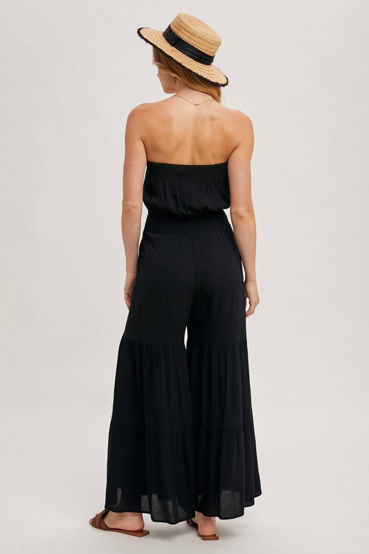 Bluivy - Smocked Tiered Wide Leg Jumpsuit - black - clothing - pants