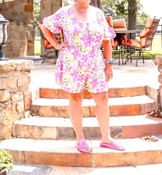 White Birch - Half-sleeve Floral Print Woven Romper