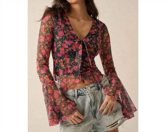 Promesa - Floral Mesh V-neck Bell-sleeve Blouse