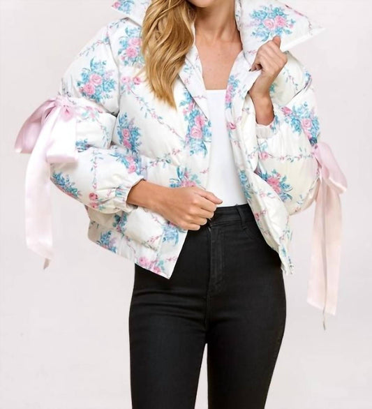 Pretty Follies - Long Sleeve Floral Ribbon Puffer Coat