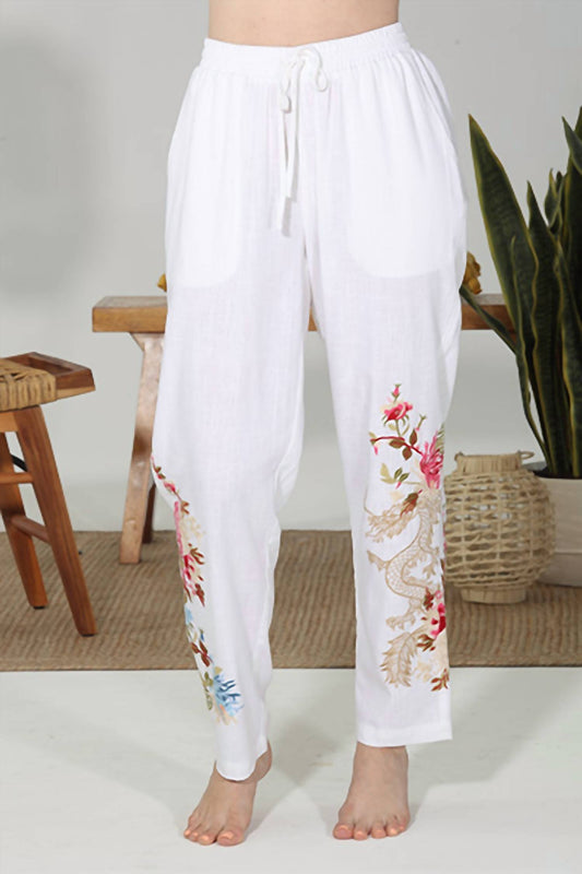 Paparazzi - Linen Blend Embroidered Dragon Pant