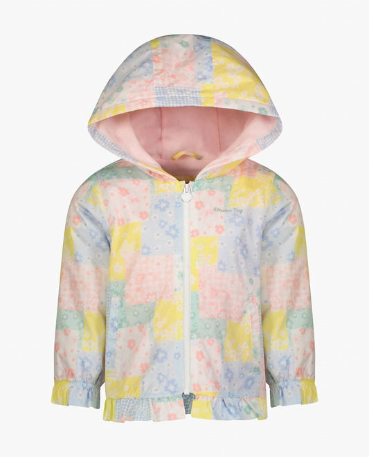 London Fog - Girls Printed Zip Front Hooded Ruffle Raincoat