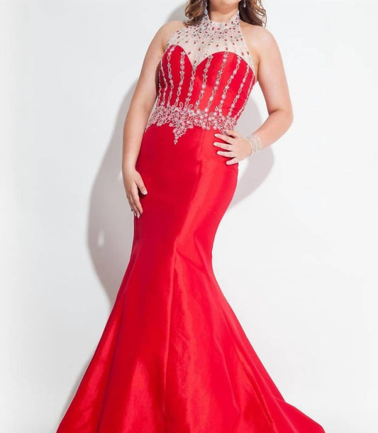 Rachel Allan - Taffeta Halter Neck Beaded Mermaid Prom Gown