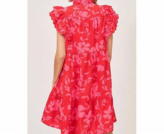 Umgee - Women's Red Mix Floral Ruffle Sleeve Dress