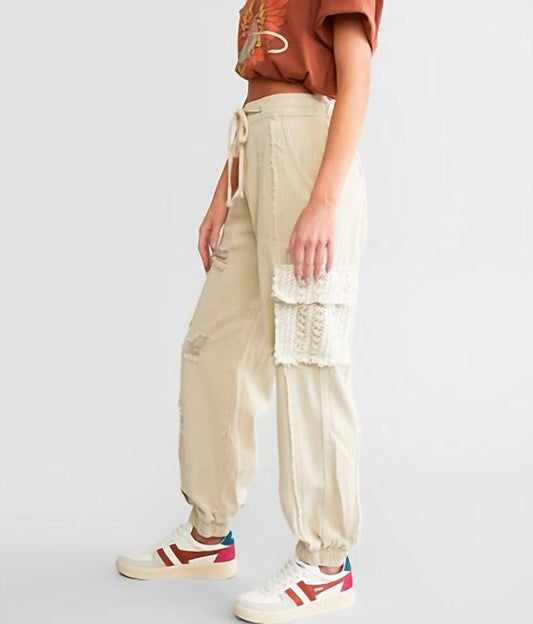 Pol - Tie waistband contrast crochet cargo pockets denim jogger