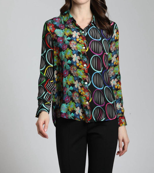 Apny - Mixed Pattern Printed Button-Up Blouse