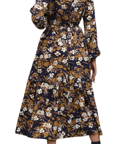 Epretty - Perfee Printed Notched Long Sleeve Midi Dress
