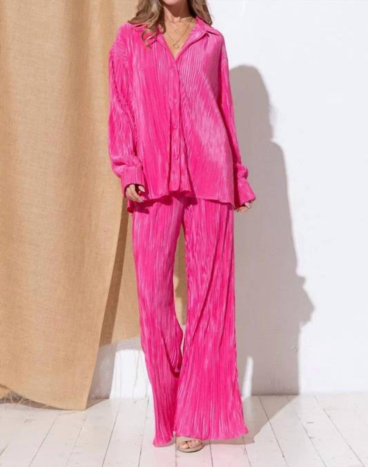 Blue B - Accordion Mini Pleat Long Blouse And Pant Set