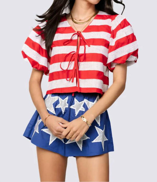 Queen Of Sparkles - STRIPE COTTON POOF SLEEVE TIE TOP