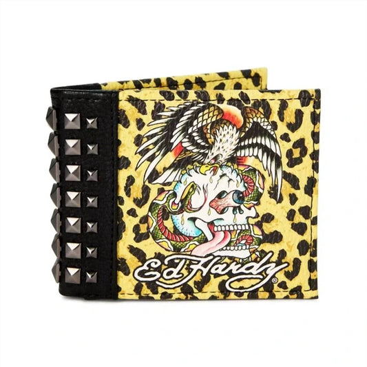 Ed Hardy - Men's Leopard Print Skull With Studs Bifold Wallet